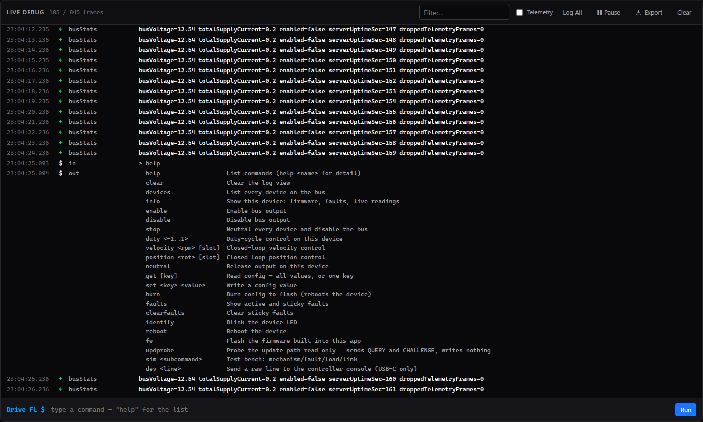 Console example in the simulator. The filter and Telemetry toggle control the view; Export retrieves the recorded log.