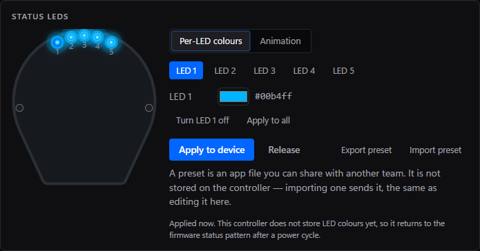 Status LEDs editor: choose a light or an animation, then Apply to device. The two end lights remain controller status indicators.