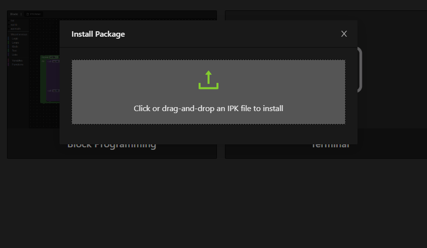 Install Package dialog. Drop the ipk on the box.