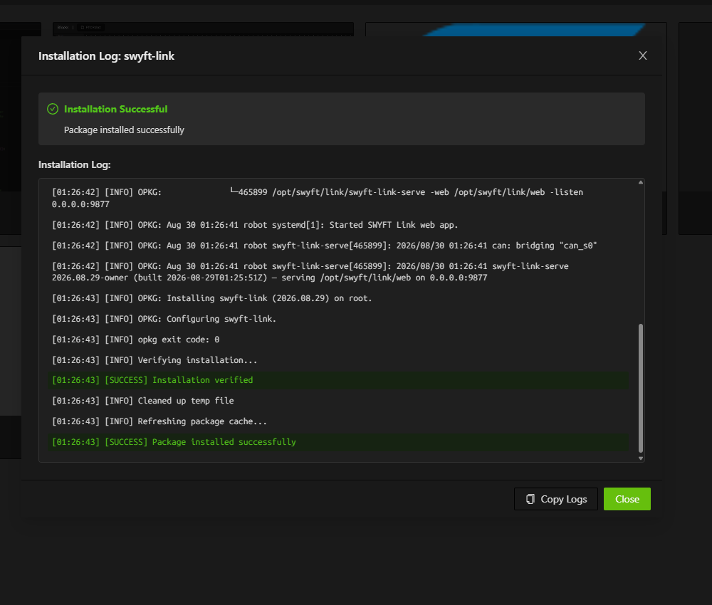 Installation Successful. Close button.